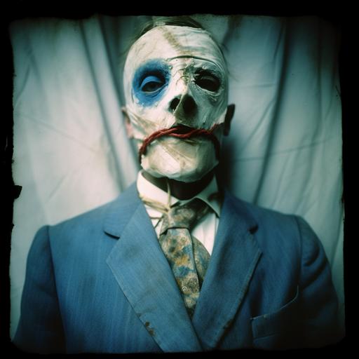 Taken with a Holga camera, f/ 2. 8, 30mm, dark and sorrowful, unnerving image, severe facial deformity, Funk Art style, Kodachrome film, medical masks, baby blue leather, gold zippers, glycerin, straightjacket, heterochromia, oiled