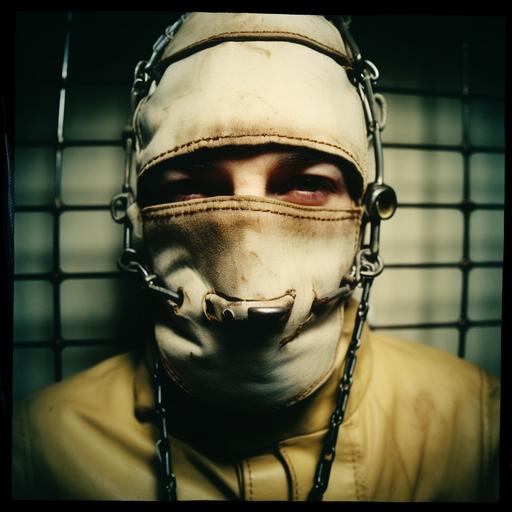 Taken with a Holga camera, f/ 2. 8, 30mm, dark and sorrowful, unnerving image, severe facial deformity, Funk Art style, Kodachrome film, prison masks, leather, gold zippers, glycerin, straightjacket, heterochromia, oiled