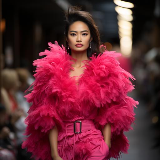 Tall Hawaiian female model, wearing a neon hot pink, soft and fluffy hirsute designer cloak with white feathers, on the catwalk of a Honolulu fashion show--ar 32:26 --s 750