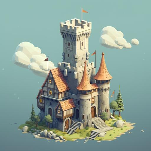 Tall and magnificent tower-shaped medieval bank, cartoon-style deformation, 2d isometric view, quater_view, Quarter View, 2d animation sytle, cartoon style, casual design, super deformed, simplify, landscape, 12k, line, q=0.8