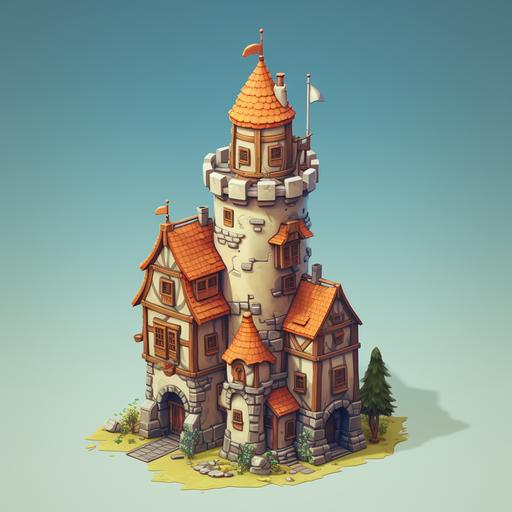 Tall and magnificent tower-shaped medieval bank, cartoon-style deformation, 2d isometric view, quater_view, Quarter View, 2d animation sytle, cartoon style, casual design, super deformed, simplify, landscape, 12k, line, q=0.8