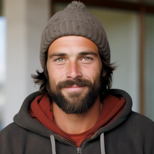 Tall caucasian man, 6 foot 4, with muscle, silver green eyes, nice smile, slight tan to skin tone, soft crows feet wrinkles near his eyes, about 30 years old, dark brown beard and mustache finely trimmed, red knit fisherman's beanie over his dark brown hair, wearing a v-neck white long sleeved shirt with cuffs rolled up to his elbows, denim jeans, and tan carhartt work boots, wry smile showing his nice teeth, strong, handsome features, realistic photo with his full body.