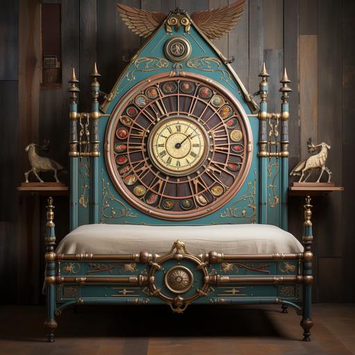 Tall steampunk Eastlake Victorian bed headboard, wood, rustic, brass gears, brightly painted folk swallows, front view, no perspective, clock, textures --upbeta --s 250