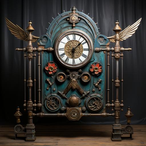 Tall steampunk Eastlake Victorian bed headboard, wood, rustic, brass gears, brightly painted folk swallows, front view, no perspective, clock, textures --upbeta --s 250