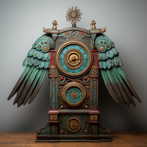 Tall steampunk Eastlake Victorian headboard, wood, rustic, brass gears brightly painted folk design, painted birds, front view, no perspective, textures --upbeta --s 250