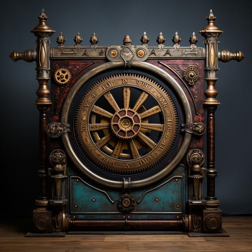 Tall steampunk Eastlake Victorian headboard, wood, rustic, brass gears brightly painted folk design, front view, no perspective, textures --upbeta --s 250