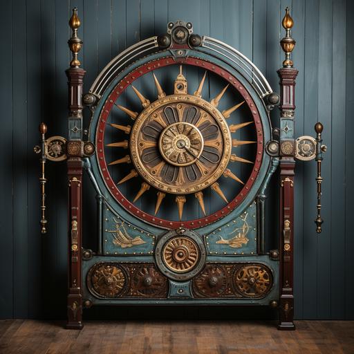 Tall steampunk Eastlake Victorian headboard, wood, rustic, brass gears brightly painted folk design, front view, no perspective, textures --upbeta --s 250