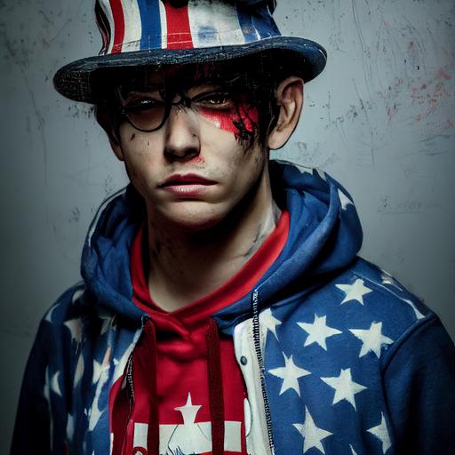 21st century Uncle Sam In his mid-20s That wears a red white and blue hoodie red white and blue baseball hat red white and blue jeans and red white and blue sneakers he looks beat up in a post apocalyptic world,realistic, dramatic lighting --test --creative --upbeta