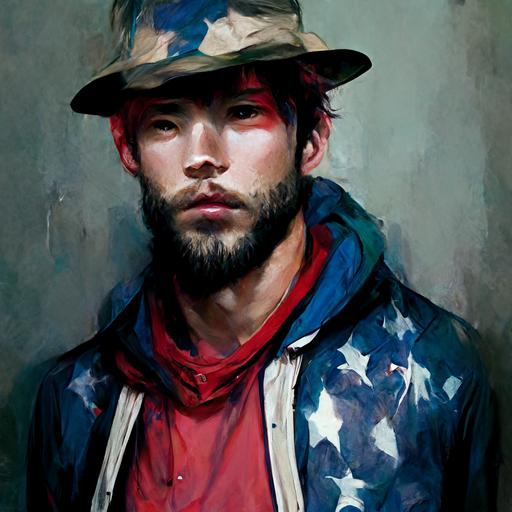 21st century Uncle Sam In his mid-20s That wears a red white and blue hoodie red white and blue baseball hat red white and blue jeans and red white and blue sneakers he looks beat up in a post apocalyptic world,realistic, dramatic lighting