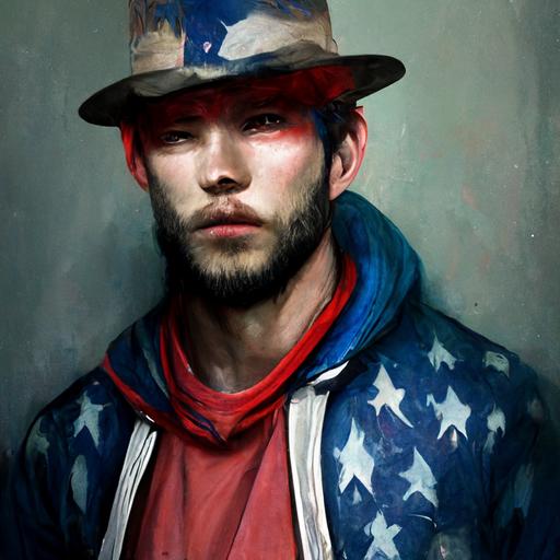 21st century Uncle Sam In his mid-20s That wears a red white and blue hoodie red white and blue baseball hat red white and blue jeans and red white and blue sneakers he looks beat up in a post apocalyptic world,realistic, dramatic lighting --uplight