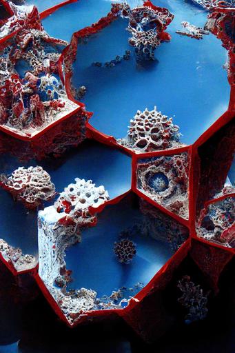 hyperdetailed micro diorama of 3d blue Octagonal Cylinder sculptural installation made of white inflated red mandelbulb soapy metallic bubbles and taffee symmetry in the style of Bernini --h 384
