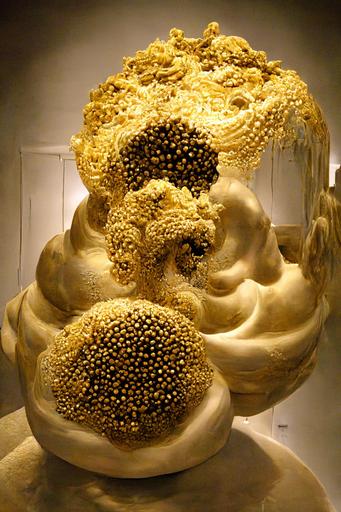 hyperdetailed 3d golden caviar sculptural installation made of inflated mandelbulb soapy resin bubbles and taffee symmetry in the style of Bernini --h 384