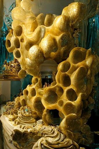 hyperdetailed diorama of 3d golden caviar sculptural installation made of cyan inflated mandelbulb soapy resin bubbles and taffee symmetry in the style of Bernini --h 384