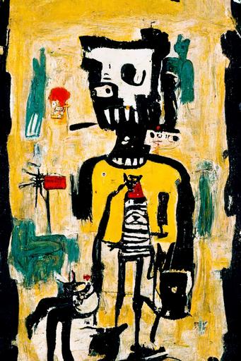 The man in the pajamas is walking his pet dog around on a leash. The Dog is growling and barking, but the man seems to be enjoying himself painting by basquiat  --h 384
