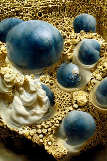 hyperdetailed Miniature diorama of 3d blue caviar sculptural installation made of white inflated mandelbulb soapy metallic bubbles and taffee symmetry in the style of Bernini --h 384