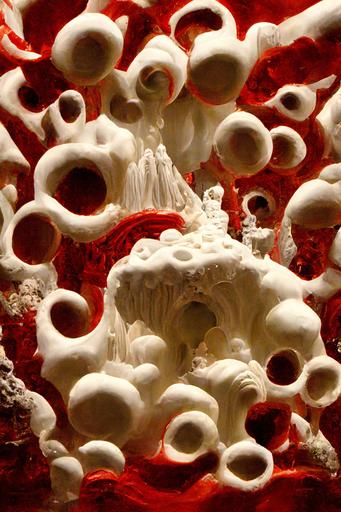 hyperdetailed diorama of 3d red caviar sculptural installation made of white inflated mandelbulb soapy resin bubbles and taffee symmetry in the style of Bernini --h 384