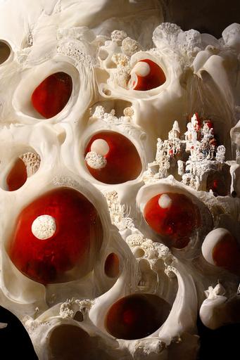 hyperdetailed diorama of 3d red caviar sculptural installation made of white inflated mandelbulb soapy resin bubbles and taffee symmetry in the style of Bernini --h 384