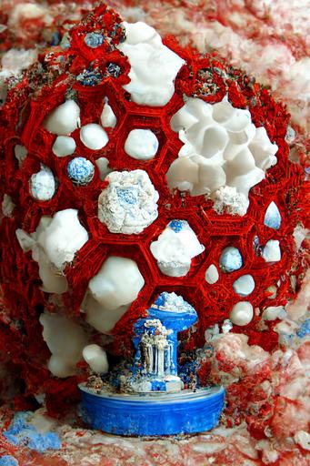 hyperdetailed micro diorama of 3d blue Octagonal Cylinder sculptural installation made of white inflated red mandelbulb soapy metallic bubbles and taffee symmetry in the style of Bernini --h 384