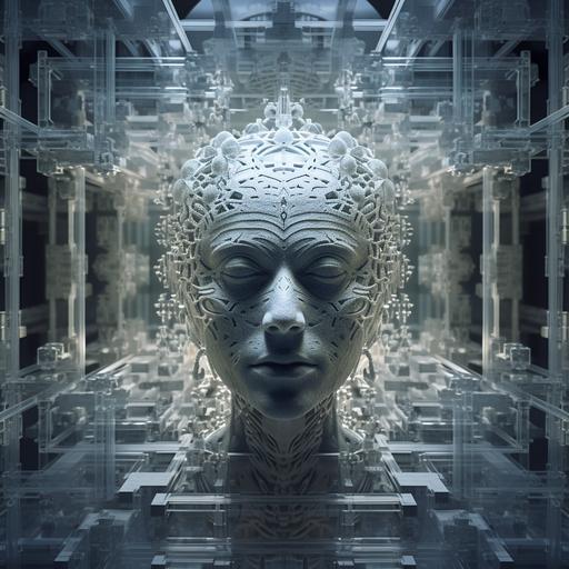 Taoist monk tesseract body fractal three point perspective hypercube mirror zen face brain mayan mantis jellyfish face underwater