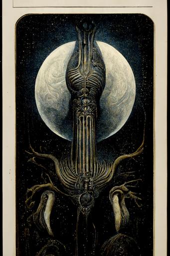 Tarot card, The Cresant Moon, glowing at night by H R Giger and Miles Johnston --ar 2:3