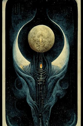 Tarot card, The Cresant Moon, glowing at night by H R Giger and Miles Johnston --ar 2:3