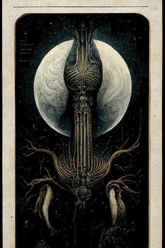 Tarot card, The Cresant Moon, glowing at night by H R Giger and Miles Johnston --ar 2:3