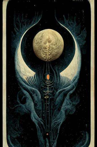 Tarot card, The Cresant Moon, glowing at night by H R Giger and Miles Johnston --ar 2:3