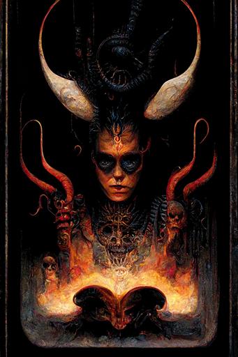 Tarot card, The Devil, with horns and fire by H R Giger and Miles Johnston --ar 2:3