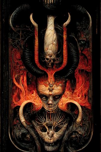 Tarot card, The Devil, with horns and fire by H R Giger and Miles Johnston --ar 2:3