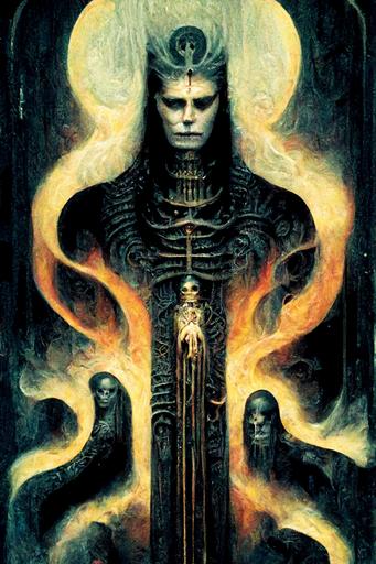 Tarot card, The King of Wands, a strong man wearing  long robes of fire, by H R Giger and Miles Johnston, --ar 2:3