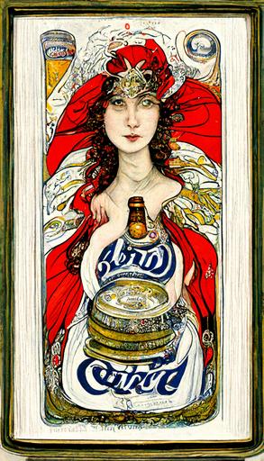 Tarot card, goddess of Budweiser, many beer cans, ornately detailed art nouveau illustration