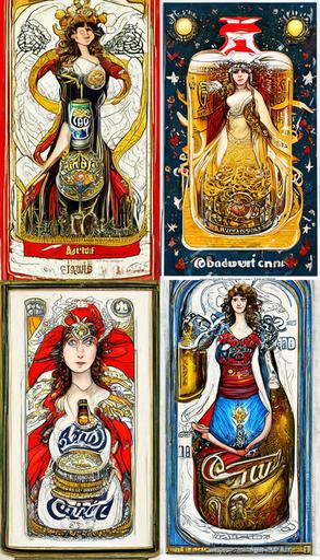 Tarot card, goddess of Budweiser, many beer cans, ornately detailed art nouveau illustration --nostretch --h 448