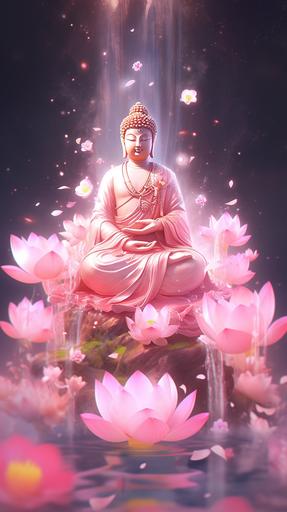 Tathagata Buddha Guanyin Bodhisattva,Spring is in full swing,Vibrant,Beautiful pink lotus flowers everywhere,Crystal clear water droplets,The petals are as bright as morning dew,Moonlight on the water,Bright background,Detail processing,CG rendering,High definition,Photographic details,Long distance shooting,Super real,Buddha's light shines --ar 9:16 --s 50 --niji 5