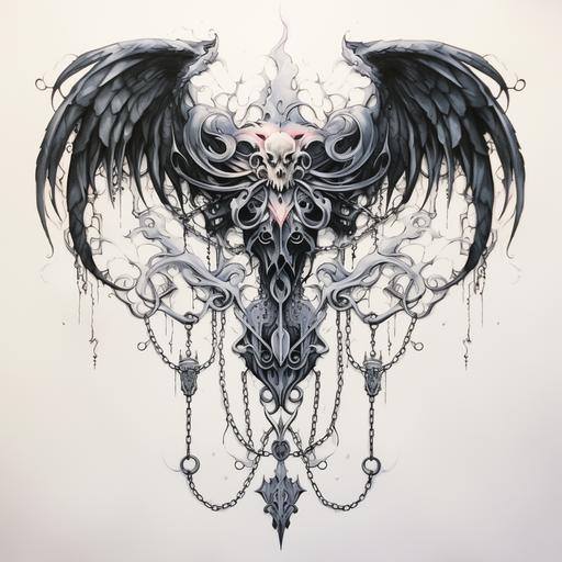 Tattoo inspired by white angel wing and black devil wings, chains,tattered,locks, dark fantasy, drawing, ink on paper, varying shades of color