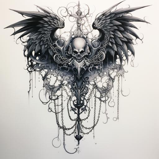 Tattoo inspired by white angel wing and black devil wings, chains,tattered,locks, dark fantasy, drawing, ink on paper, varying shades of color