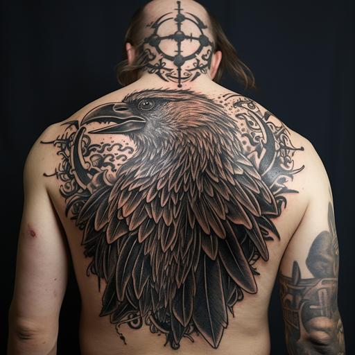 Tattoo of a raven on a viking's head