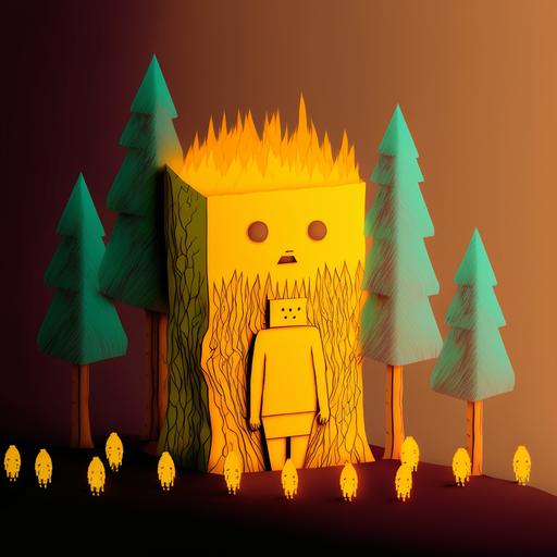 tribe of tiny beings made from yellow post it note stickers throwing a realistic tree into a gigantic bonfire made of orange red yellow post it note stickers, gigantic owl statue made of post it note stickers, angle up shot, dense forest of tall tree holographic sticker background, translucent, subsurface scattering, front view --v 4