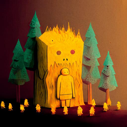 tribe of tiny beings made from yellow post it note stickers throwing a realistic tree into a gigantic bonfire made of orange red yellow post it note stickers, gigantic owl statue made of post it note stickers, angle up shot, dense forest of tall tree holographic sticker background, translucent, subsurface scattering, front view --v 4