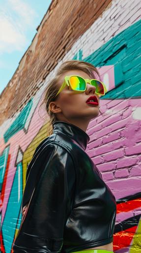 Taylor Swift posing for a street fashion photo, vibrant city murals as a backdrop, model in sleek modern wear with neon accents, reflective sunglasses capturing the city's pulse, candid pose --ar 9:16 --v 6.0