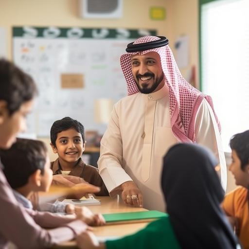 Teacher Saudi man in classroom photoshoot teaching ADHD students