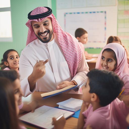 Teacher Saudi man in classroom photoshoot teaching ADHD students