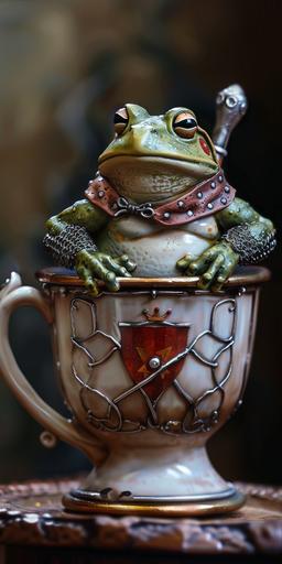 Teacup size cute frog knight sitting in the teacup --ar 1:2