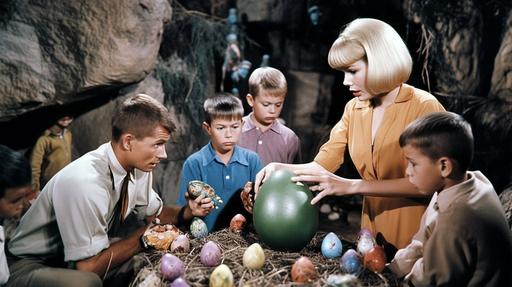 Technicolor movie still of schoolteacher Doris Day and her students find a glowing blue alien dinosaur egg inside a spooky cave --ar 16:9 --q 2 --c 75 --s 750 --style raw