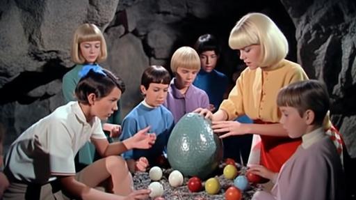 Technicolor movie still of schoolteacher Doris Day and her students find a glowing blue alien dinosaur egg inside a spooky cave --no men man --ar 16:9 --q 2 --c 75 --s 750 --style raw