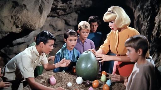 Technicolor movie still of schoolteacher Doris Day and her students find a glowing blue alien dinosaur egg inside a spooky cave --no men --ar 16:9 --q 2 --c 75 --s 750 --style raw