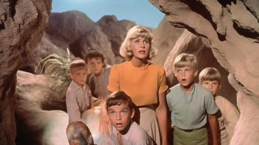 Technicolor movie still of schoolteacher Doris Day and her students find a glowing blue alien dinosaur egg inside a spooky cave --ar 16:9 --q 2 --s 750 --style raw