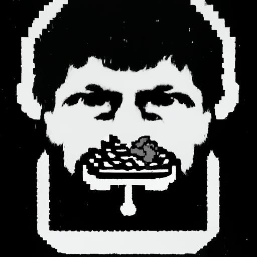Ted Kaczynski eating a flaming plate of waffles as a 1980s macintosh desktop computer icon black and white pixel