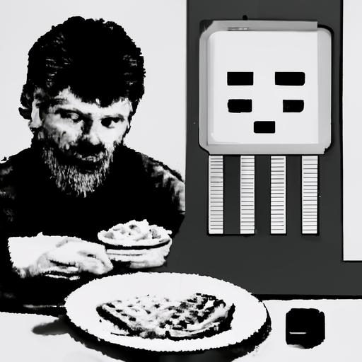 Ted Kaczynski eating a flaming plate of waffles as a 1980s macintosh desktop computer icon black and white pixel