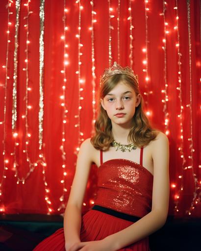 Teen wearing a tiara sits in front of a red tinsel curtain, glitery, in the style of Laura-Lynn Petrick, analog photography, tumblrcore, light gold, grainy, Yashica mat-124g, Fuji Pro 400H --ar 4:5 --s 50