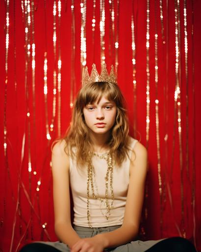 Teen wearing a tiara sits in front of a red tinsel curtain, glitery, in the style of Laura-Lynn Petrick, analog photography, tumblrcore, light gold, grainy, Yashica mat-124g, Fuji Pro 400H --ar 4:5 --s 50